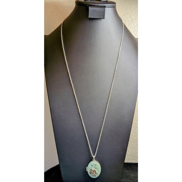 Lucky Brand Aqua Enamel Rose Magnetic Locket Pendant 30"-32" Necklace